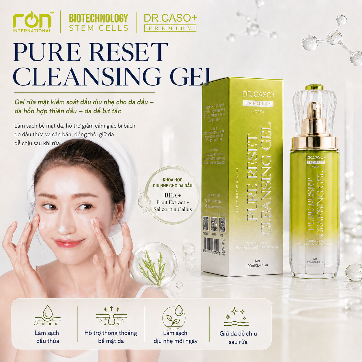 DR.CASO+ PREMIUM PURE RESET CLEANSING GEL/Gel Làm Sạch Dịu Nhẹ BHA &amp; Chiết Xuất Thiên Nhiên Cho Da Dầu – Hỗn Hợp